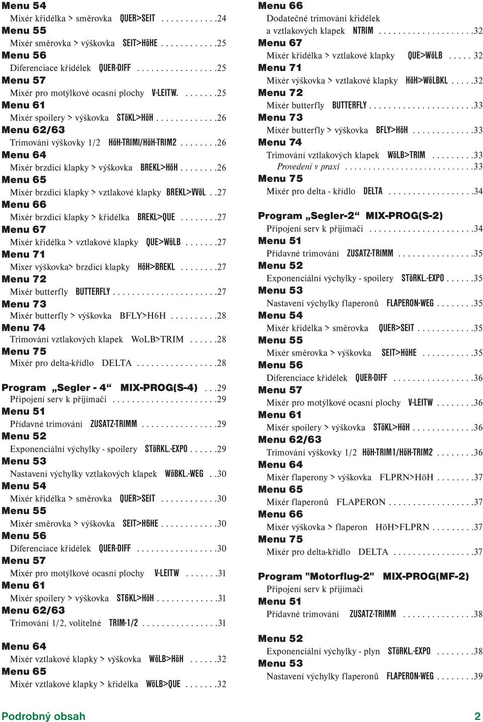 .......26 Menu 64 Mixér brzdicí klapky > výškovka BREKL>HöH........26 Menu 65 Mixér brzdicí klapky > vztlakové klapky BREKL>VVöL..27 Menu 66 Mixér brzdicí klapky > křidélka BREKL>QUE.