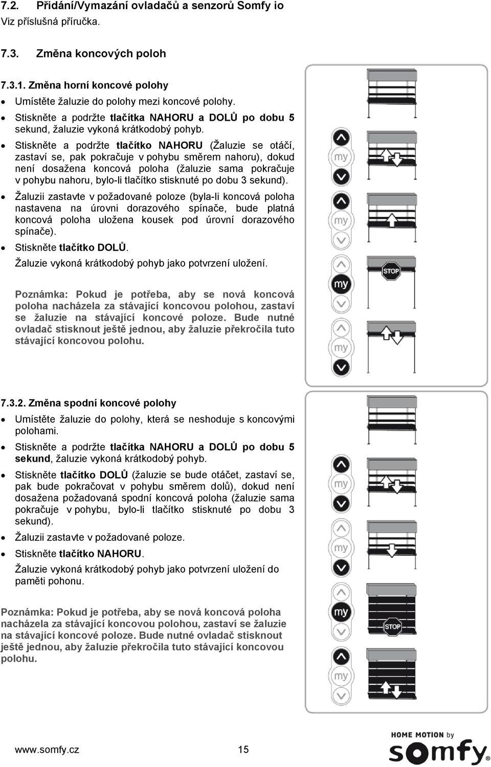 Stiskněte a podržte tlačítko NAHORU (Žaluzie se otáčí, zastaví se, pak pokračuje v pohybu směrem nahoru), dokud není dosažena koncová poloha (žaluzie sama pokračuje v pohybu nahoru, bylo-li tlačítko