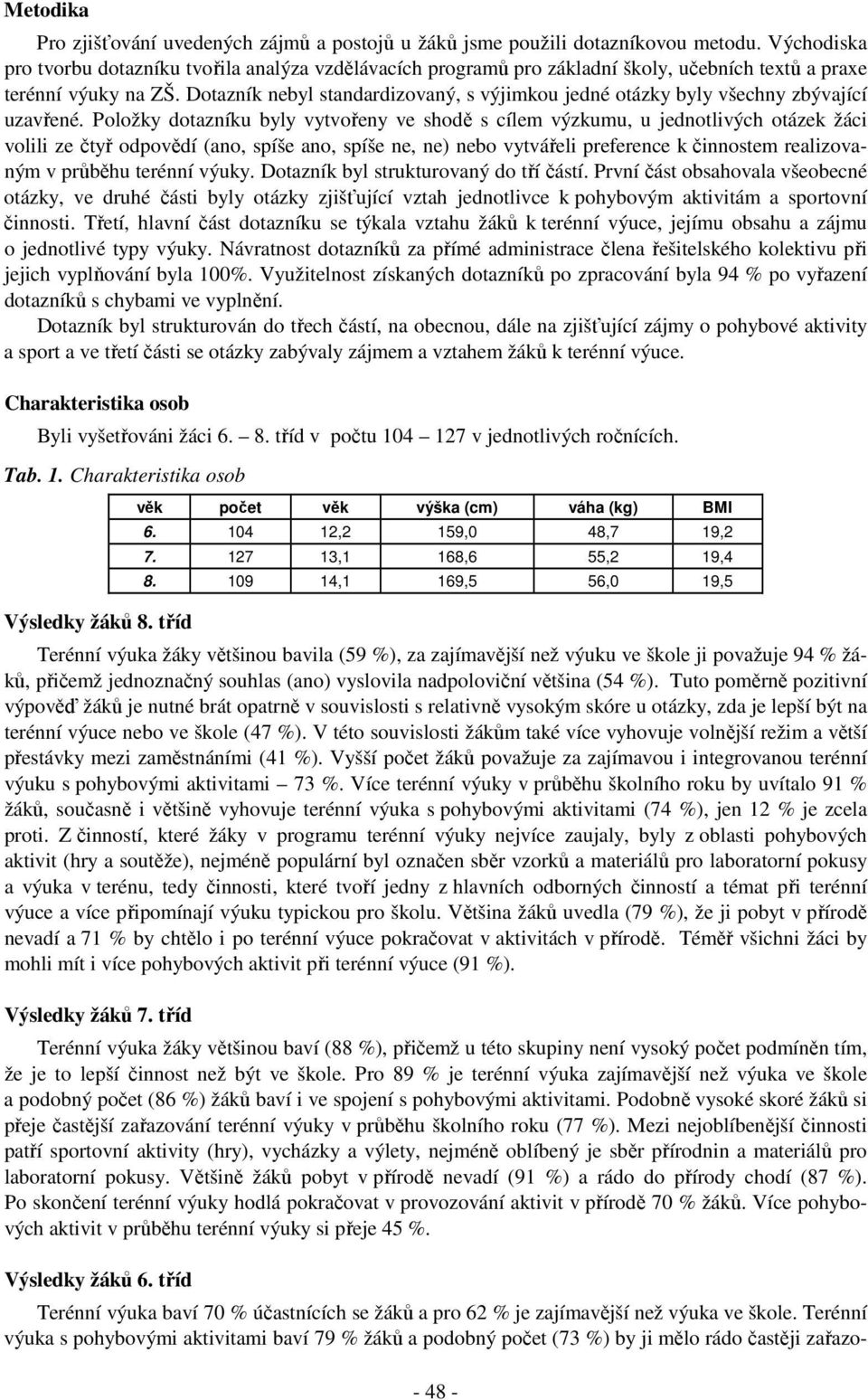 Dotazník nebyl standardizovaný, s výjimkou jedné otázky byly všechny zbývající uzavřené.