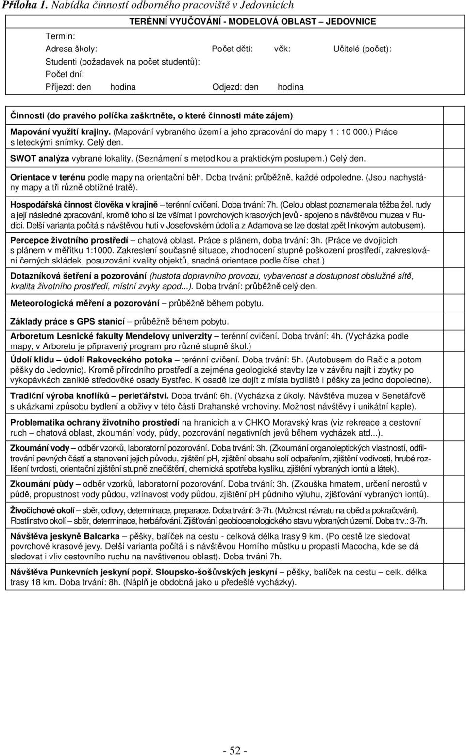 dní: Příjezd: den hodina Odjezd: den hodina Činnosti (do pravého políčka zaškrtněte, o které činnosti máte zájem) Mapování využití krajiny.