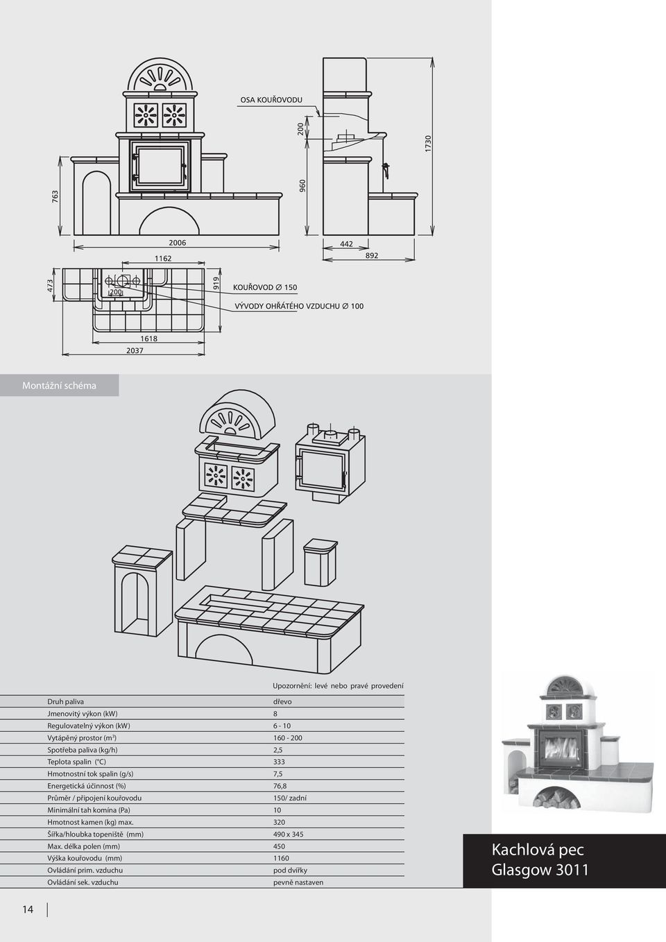 Průměr / připojení kouřovodu 150/ zadní Minimální tah komína (Pa) 10 Hmotnost kamen (kg) max.