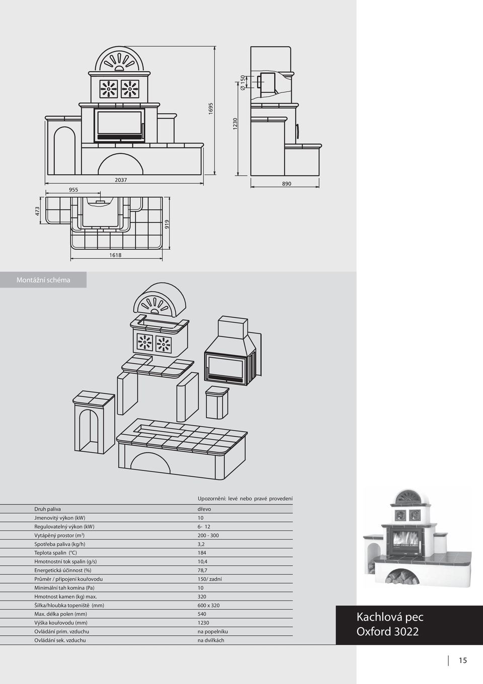Průměr / připojení kouřovodu 150/ zadní Minimální tah komína (Pa) 10 Hmotnost kamen (kg) max.