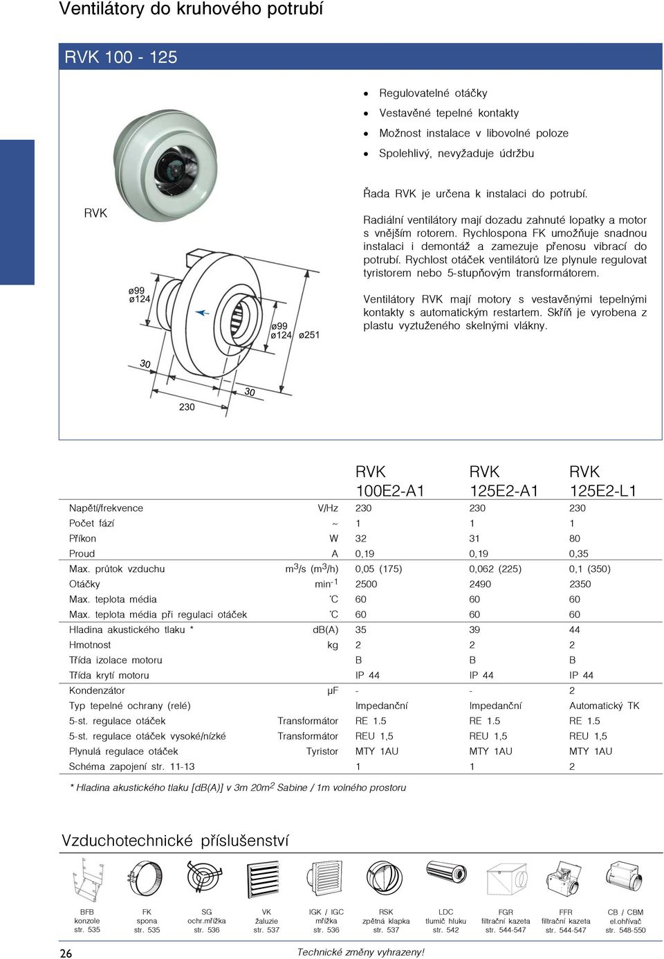 Rychlost otáček ventilátorů lze plynule regulovat tyristorem nebo 5-stupňovým transformátorem. Ventilátory RVK mají motory s vestavěnými tepelnými kontakty s automatickým restartem.