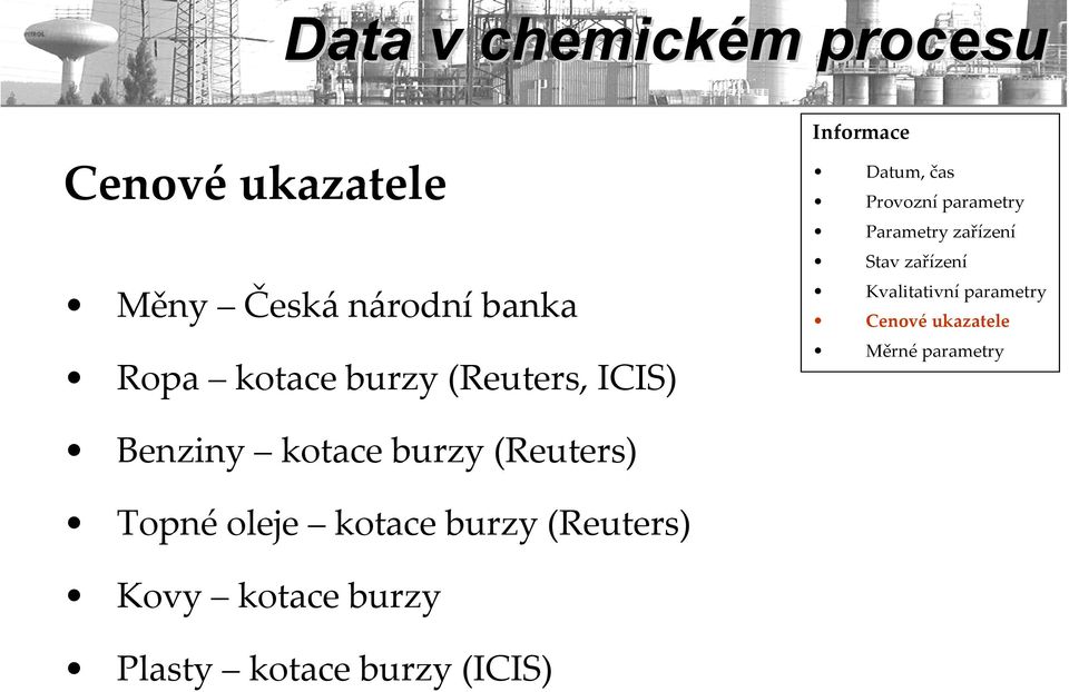 zařízení Stav zařízení Kvalitativní parametry Cenové ukazatele Měrné parametry