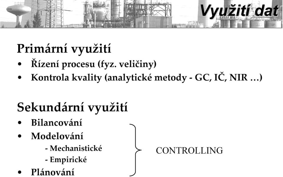 metody GC, IČ, NIR ) Sekundární využití