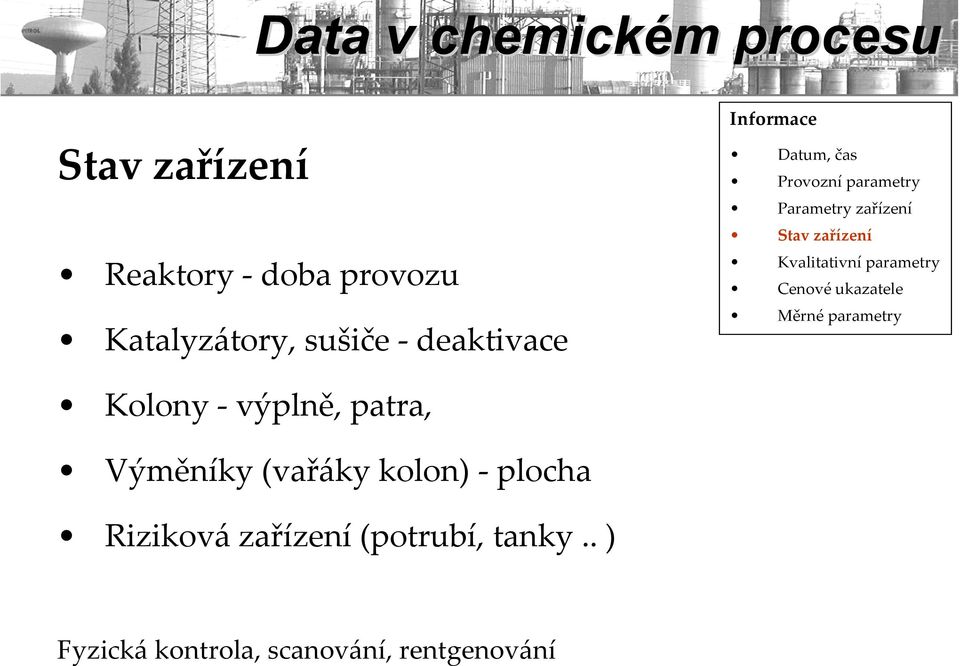 Kvalitativní parametry Cenové ukazatele Měrné parametry Kolony výplně, patra, Výměníky