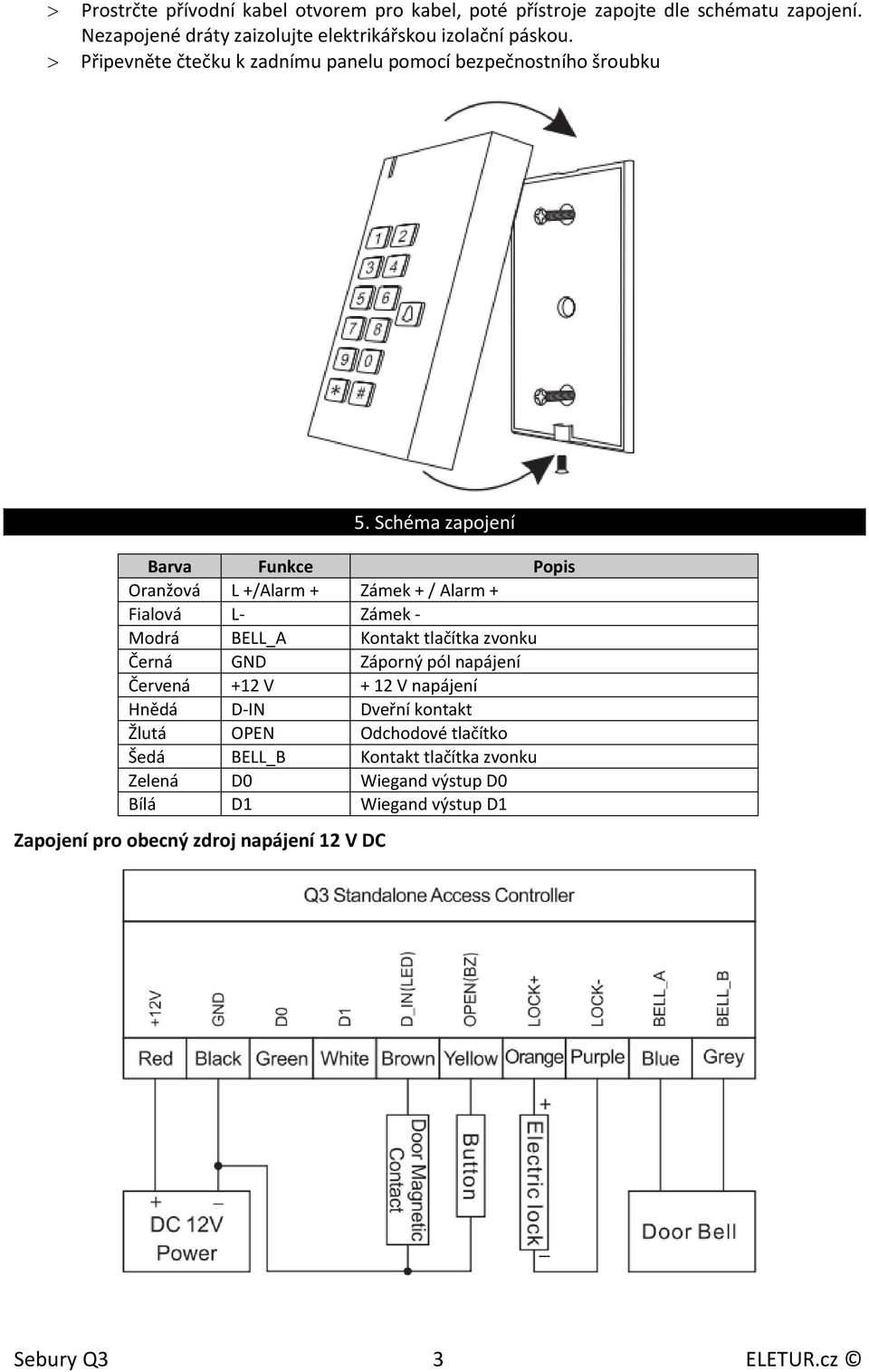 Schéma zapojení Barva Funkce Popis Oranžová L +/Alarm + Zámek + / Alarm + Fialová L- Zámek - Modrá BELL_A Kontakt tlačítka zvonku Černá GND Záporný pól