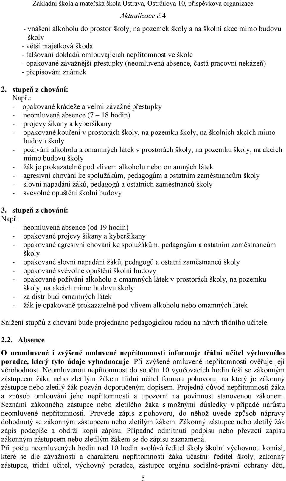 : - opakované krádeže a velmi závažné přestupky - neomluvená absence (7 18 hodin) - projevy šikany a kyberšikany - opakované kouření v prostorách školy, na pozemku školy, na školních akcích mimo