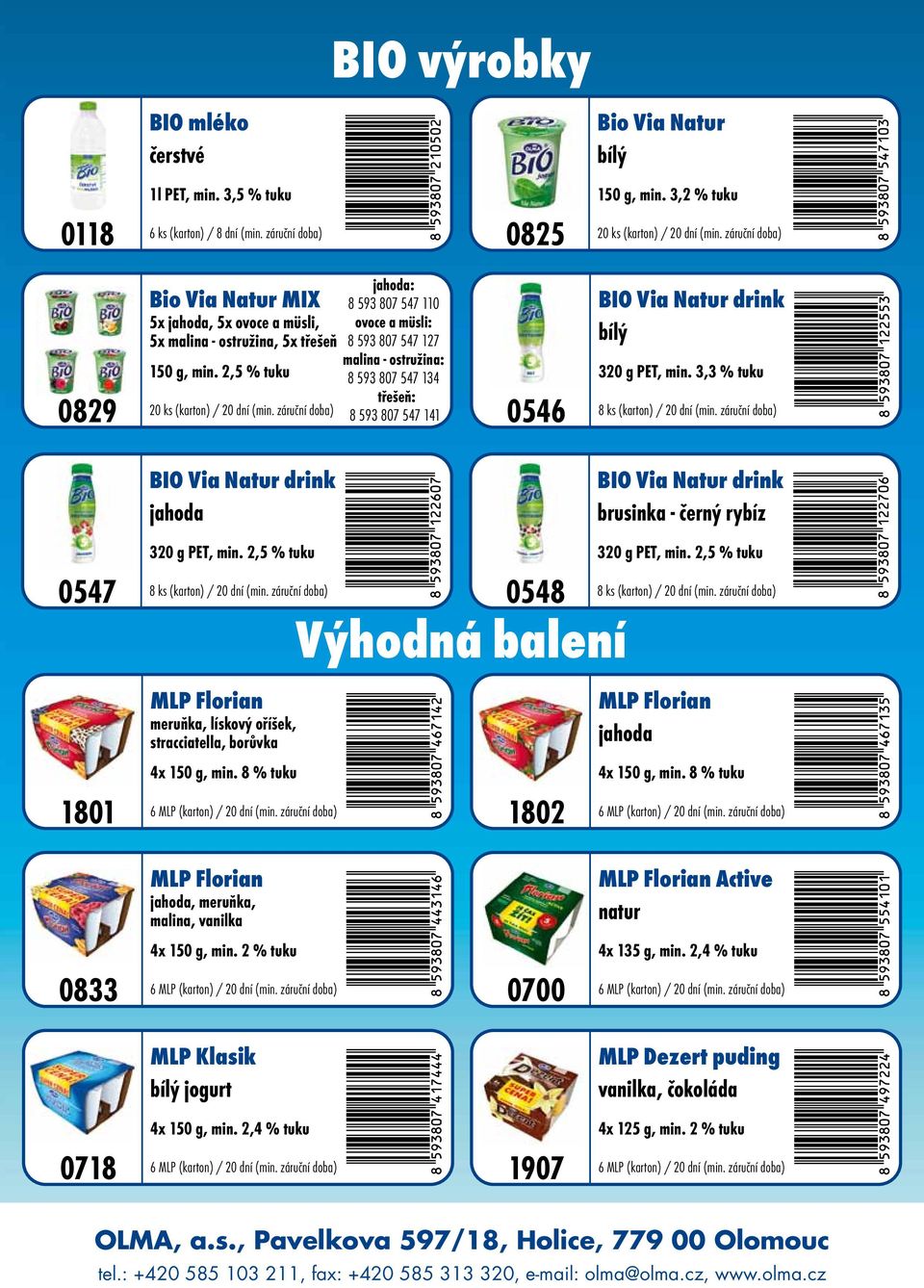 2,5 % tuku jahoda: 8 593 807 547 110 ovoce a müsli: 8 593 807 547 127 malina - ostružina: 8 593 807 547 134 třešeň: 8 593 807 547 141 0546 BIO Via Natur drink bílý 320 g PET, min.