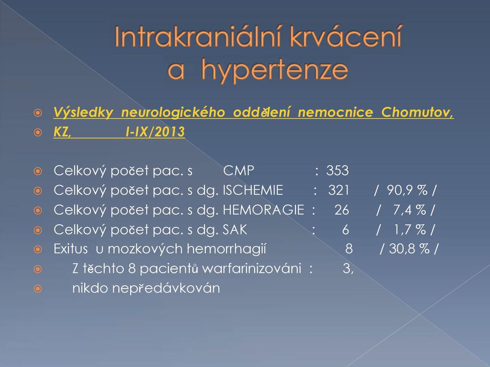 ! Celkov! po et pac. s$dg. SAK : 6 / 1,7 % /!! Exitus u mozkov!ch hemorrhagií 8 / 30,8 % /!