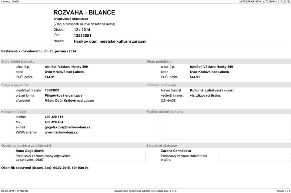 01 PSČ, pošta 544 01 Údaje o organizaci Předmět podnikání identifikační číslo 13583051 hlavní činnost Kulturně vzdělávací činnost právní forma Příspěvková organizace vedlejší činnost viz.