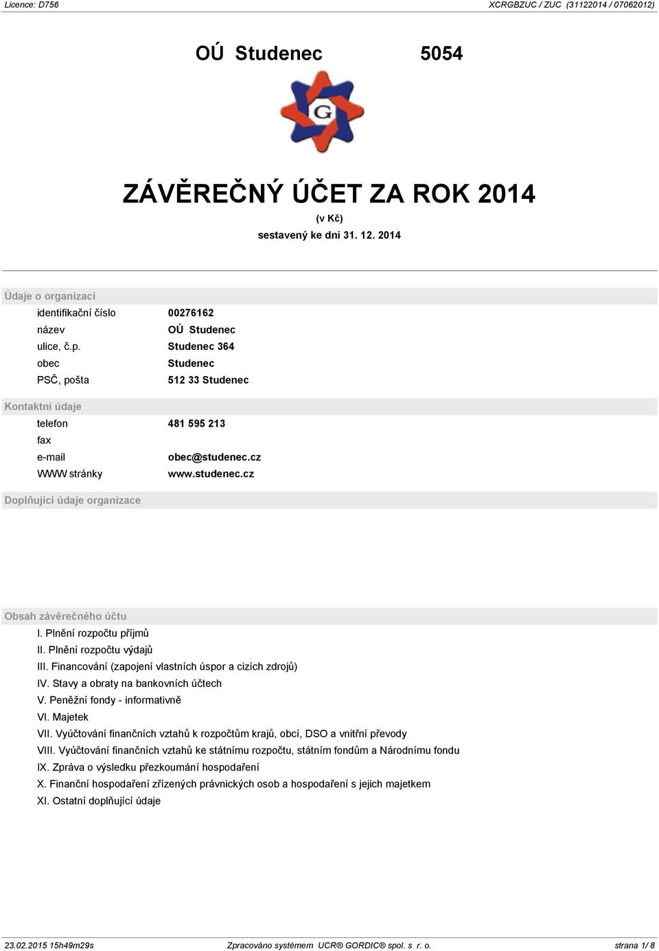 Plnění rozpočtu příjmů II. Plnění rozpočtu výdajů III. Financování (zapojení vlastních úspor a cizích zdrojů) IV. Stavy a obraty na bankovních účtech V. Peněžní fondy - informativně VI. Majetek VII.