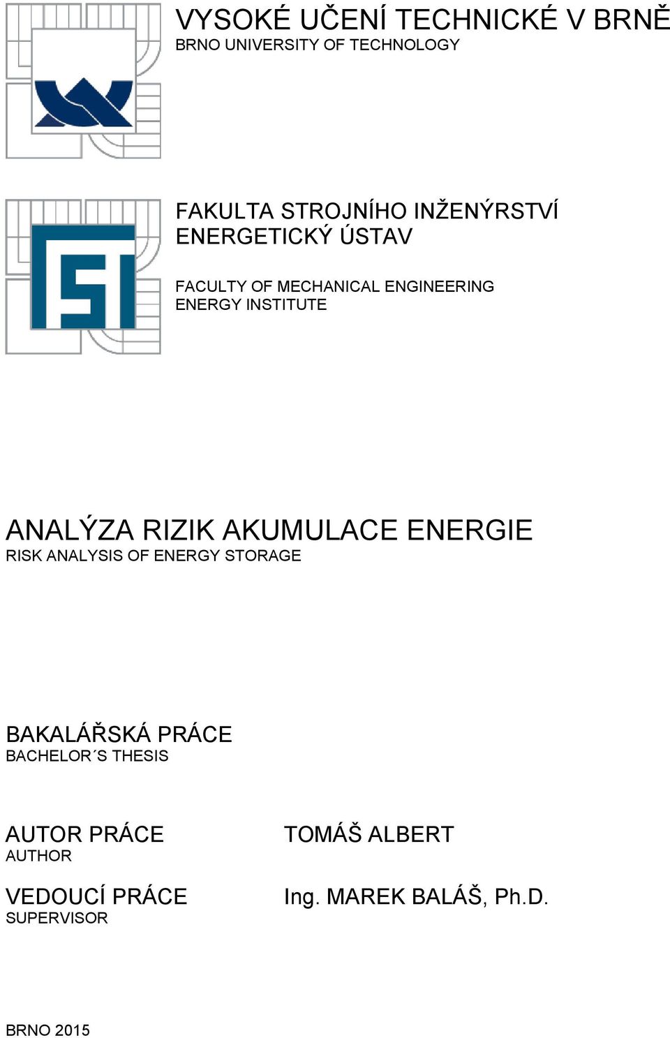 ANALÝZA RIZIK AKUMULACE ENERGIE RISK ANALYSIS OF ENERGY STORAGE BAKALÁŘSKÁ PRÁCE