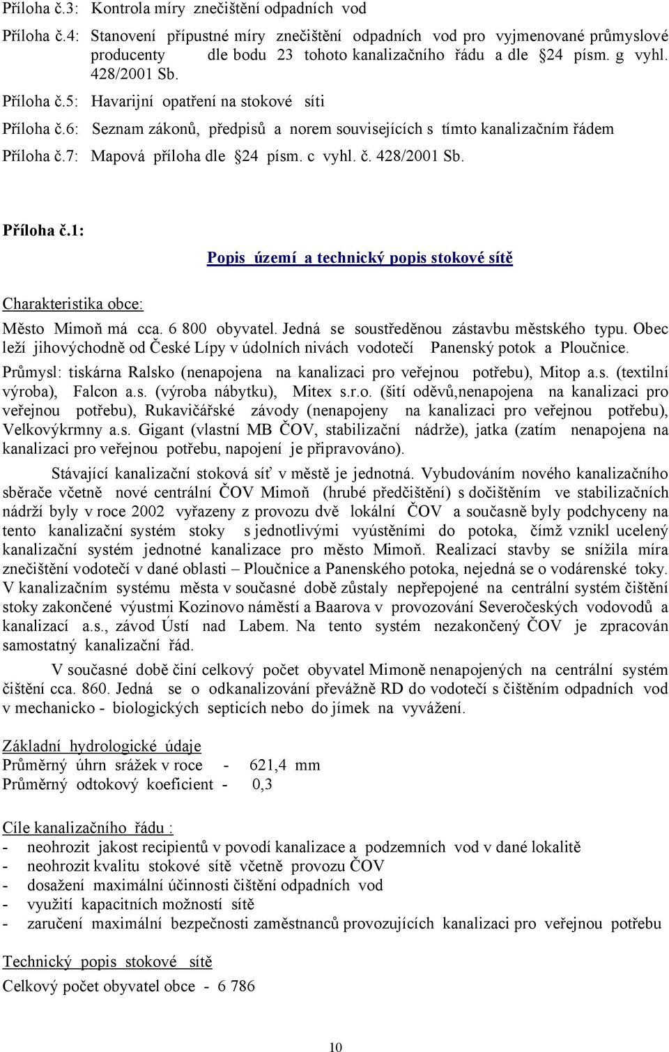 ,: Havarijní opatření na stokové síti Příloha č.6: Seznam zákonů, předpisů a norem souvisejících s tímto kanalizačním řádem Příloha č.7: Mapová příloha dle 2+ písm. c vyhl. č. +2(/2001 Sb. Příloha č.a: Popis území a technický popis stokové sítě Charakteristika obce: Město Mimoň má cca.