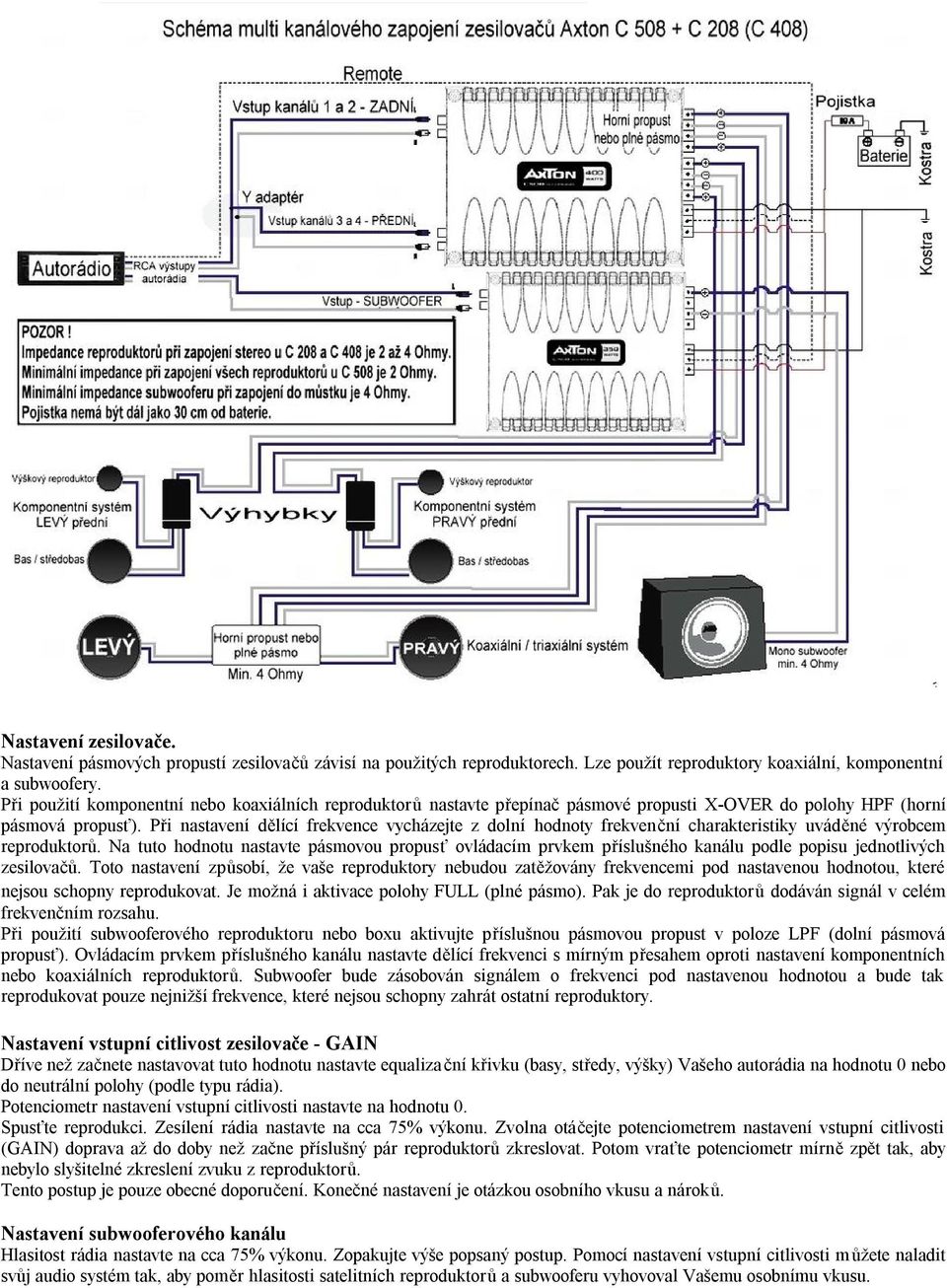 Přinastavení dělící frekvence vycházejte zdolní hodnoty frekvenční charakteristiky uváděné výrobcem reproduktorů.