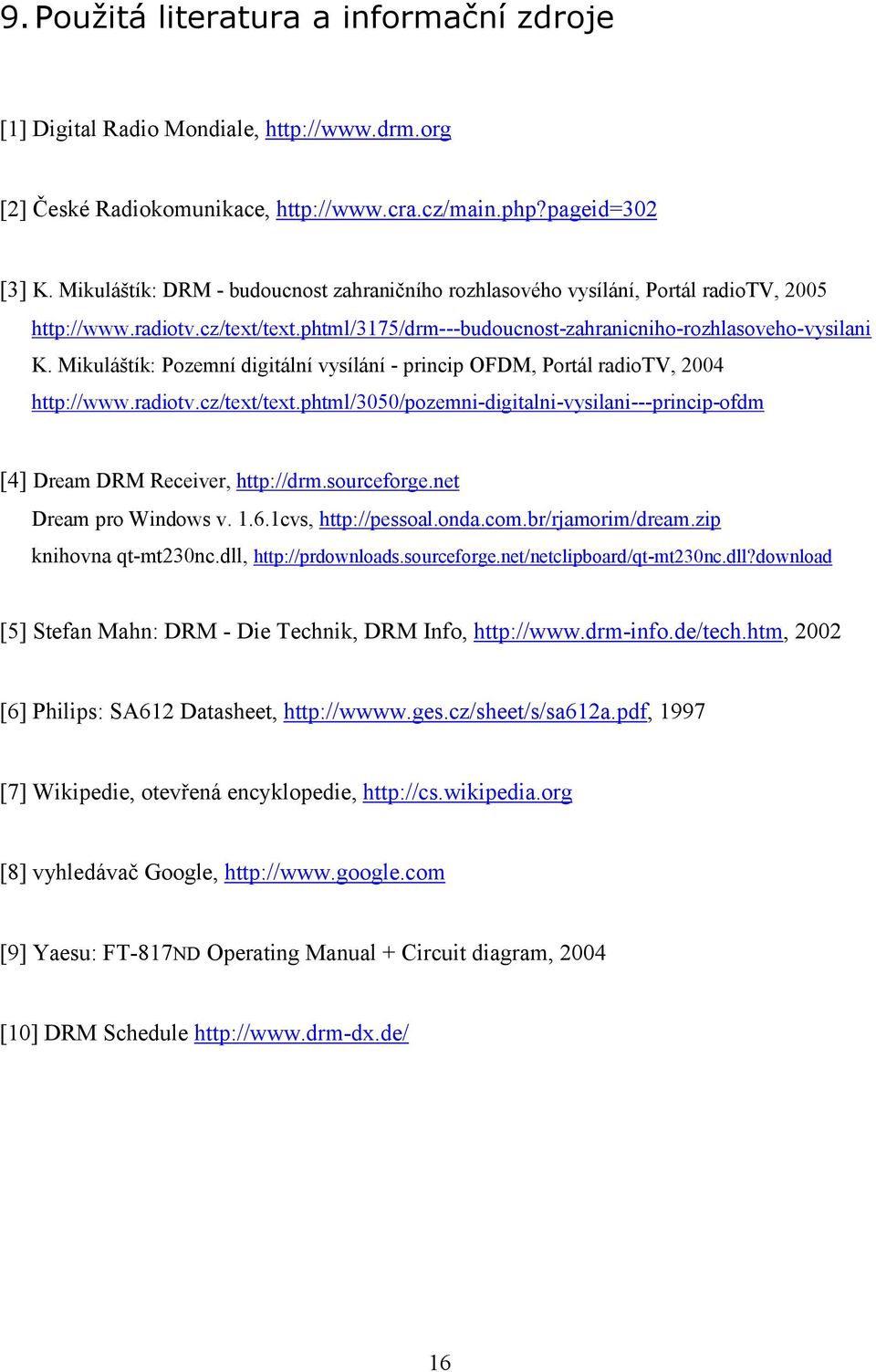 Mikuláštík: Pozemní digitální vysílání - princip OFDM, Portál radiotv, 2004 http://www.radiotv.cz/text/text.phtml/3050/pozemni-digitalni-vysilani---princip-ofdm [4] Dream DRM Receiver, http://drm.