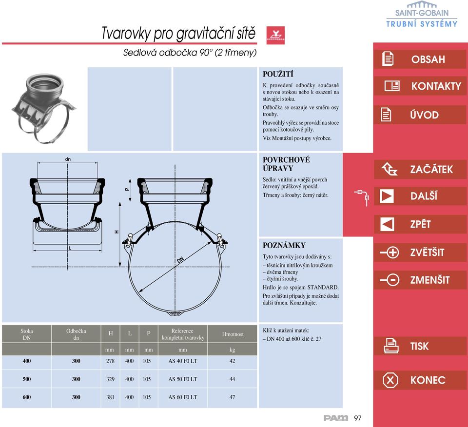 H L DN POZNÁMKY Tyto tvarovky jsou dodávány s: těsnicím nitrilovým kroužkem dvěma třmeny čtyřmi šrouby. Hrdlo je se spojem STANDARD. Pro zvláštní případy je možné dodat další třmen. Konzultujte.