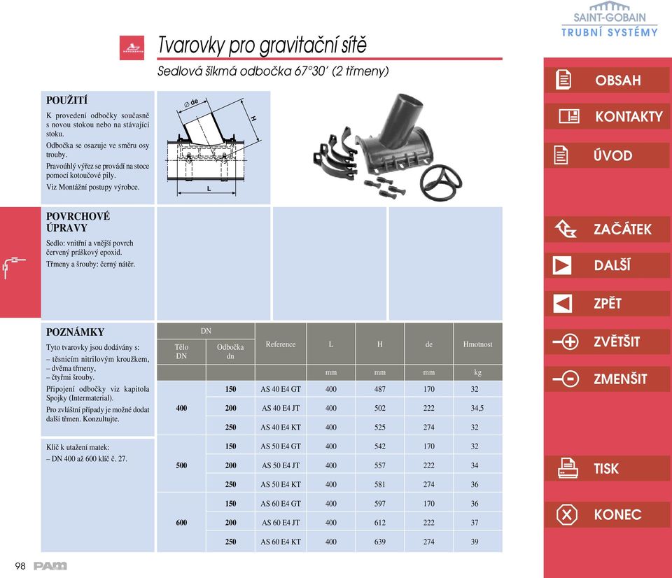 POZNÁMKY Tyto tvarovky jsou dodávány s: těsnicím nitrilovým kroužkem, dvěma třmeny, čtyřmi šrouby. Připojení odbočky viz kapitola Spojky (Intermaterial).