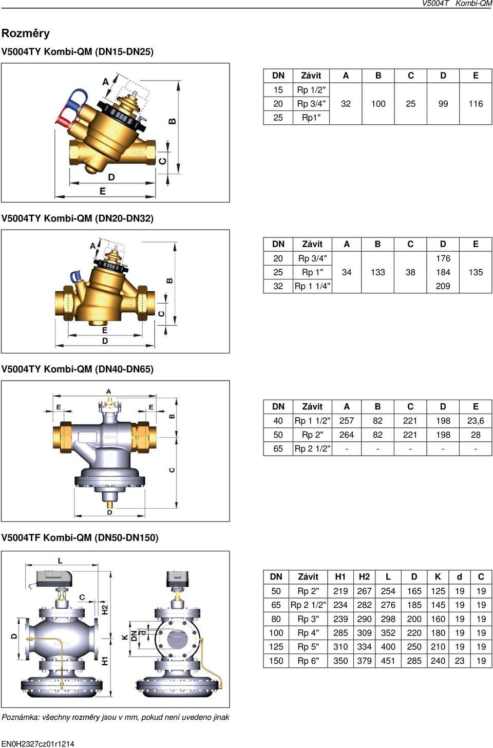 - - V5004TF Kombi-QM (DN50-DN150) DN Závit H1 H2 L D K d C 50 Rp 2" 219 267 254 165 125 19 19 65 Rp 2 1/2" 234 282 276 185 145 19 19 80 Rp 3" 239 290 298 200 160 19 19