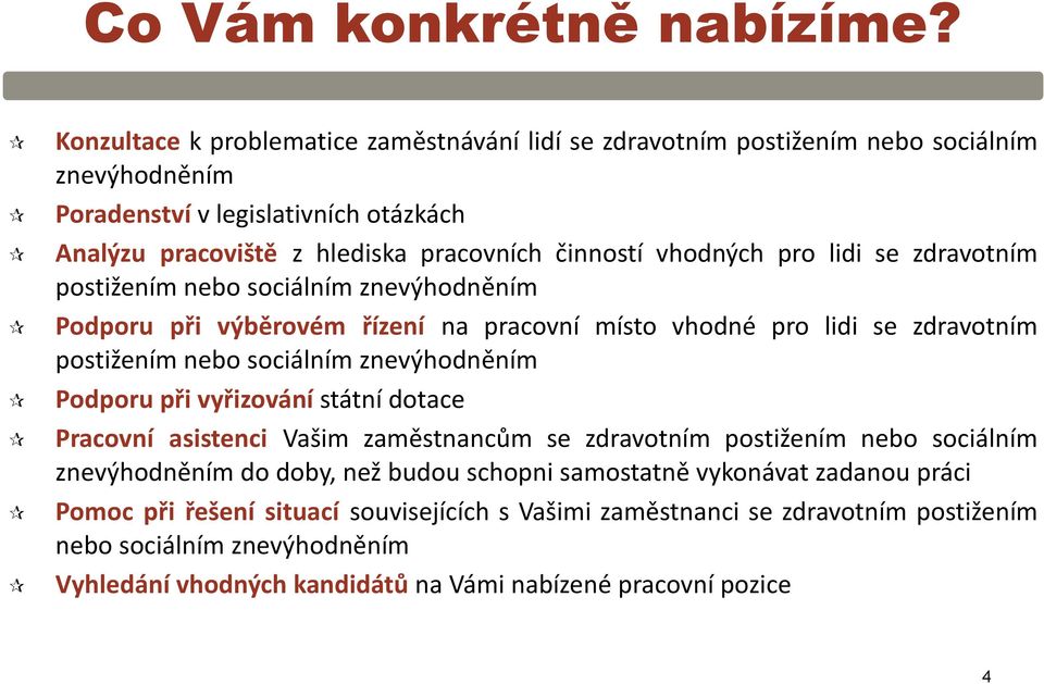 vhodných pro lidi se zdravotním postižením nebo sociálním znevýhodněním Podporu při výběrovém řízení na pracovní místo vhodné pro lidi se zdravotním postižením nebo sociálním znevýhodněním