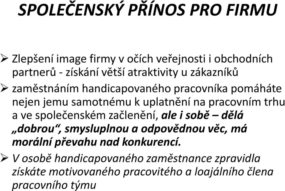 pracovním trhu a ve společenském začlenění, ale i sobě dělá dobrou, smysluplnou a odpovědnou věc, má morální