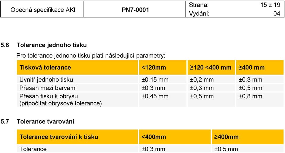 <120mm 120 <400 mm 400 mm Uvnitř jednoho tisku ±0,15 mm ±0,2 mm ±0,3 mm Přesah mezi barvami ±0,3 mm