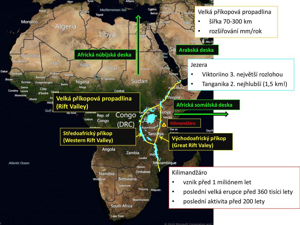 ) Africká somálská deska Kilimandžáro Středoafrický příkop (Western Rift Valley) Východoafrický příkop (Great