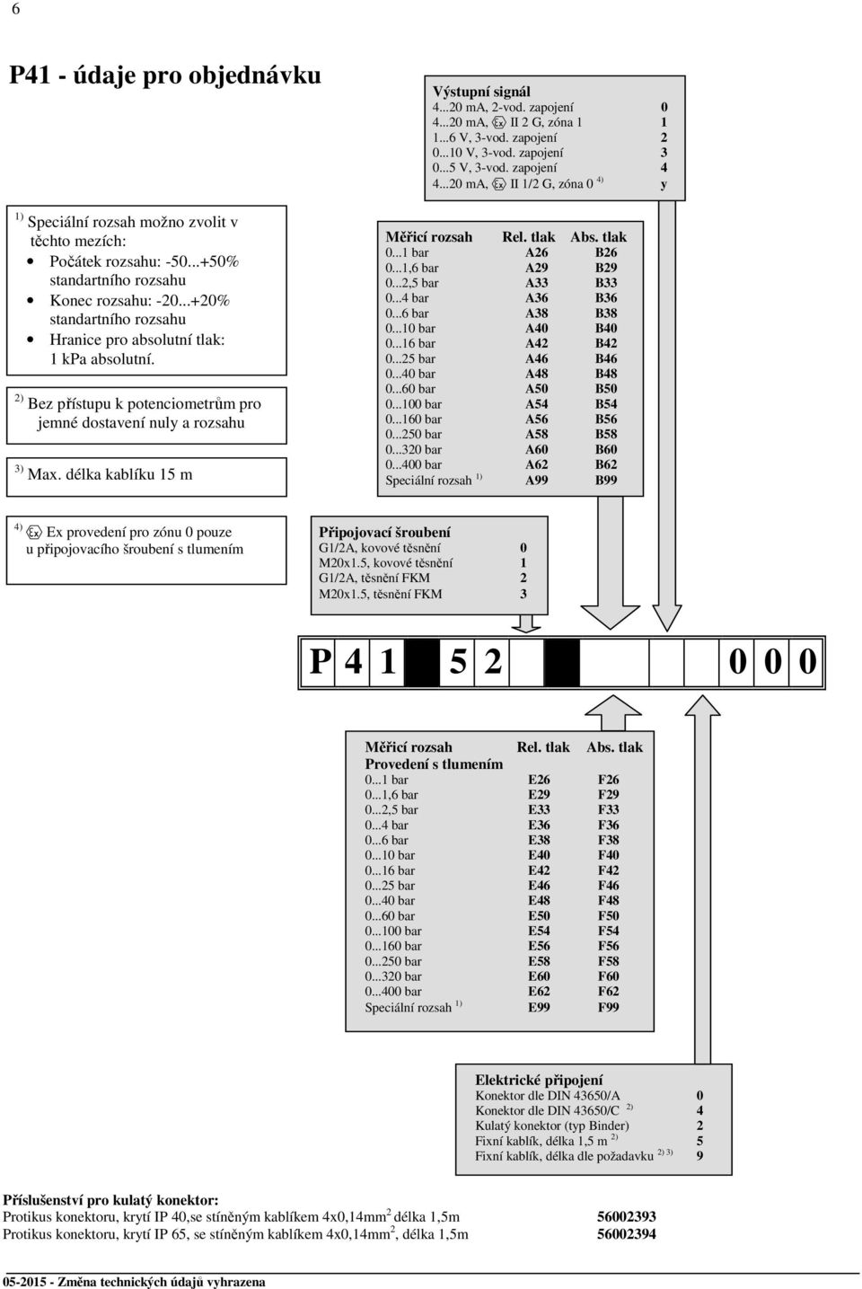 ..10 V, 3-vod. zapojení 3 0...5 V, 3-vod. zapojení 4 4...20 ma, e II 1/2 G, zóna 0 4) y 0...1 bar A26 B26 0...1,6 bar A29 B29 0...2,5 bar A33 B33 0...4 bar A36 B36 0...6 bar A38 B38 0.