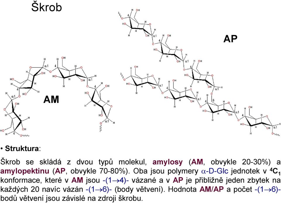 ba jsou polymery -D-Glc jednotek v 4 C 1 konformace, které v AM jsou -(1 4)- vázané a v AP