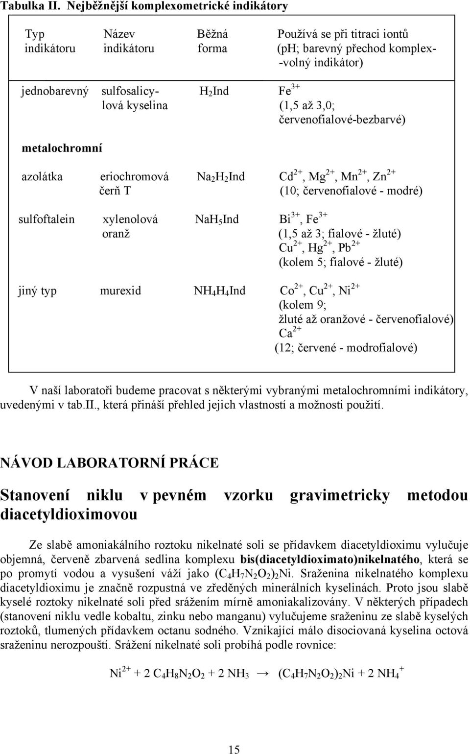 3+ lová kyselina (1,5 až 3,0; červenofialové-bezbarvé) metalochromní azolátka eriochromová Na 2 H 2 Ind Cd 2+, Mg 2+, Mn 2+, Zn 2+ čerň T (10; červenofialové - modré) sulfoftalein xylenolová NaH 5