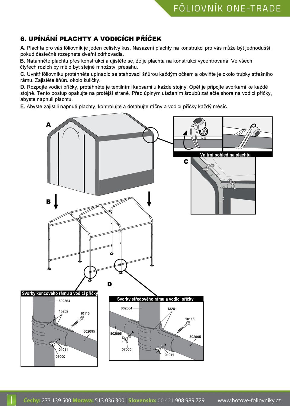 Uvnitř fóliovníku protáhněte upínadlo se stahovací šňůrou každým očkem a obviňte je okolo trubky střešního rámu. Zajistěte šňůru okolo kuličky. D.