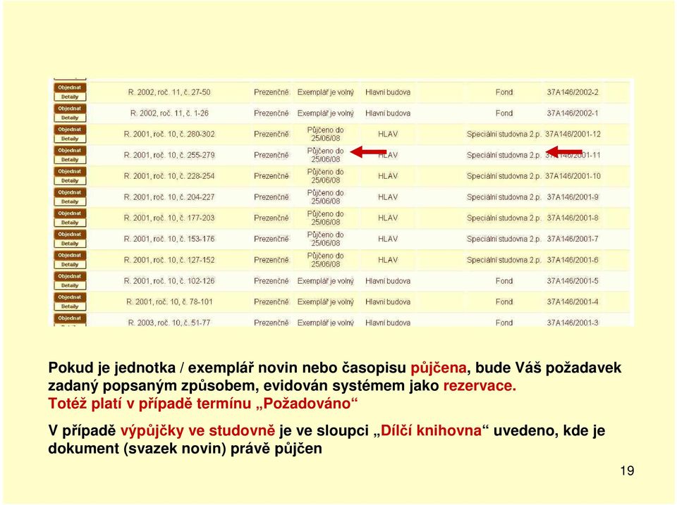 Totéž platí v případě termínu Požadováno V případě výpůjčky ve studovně