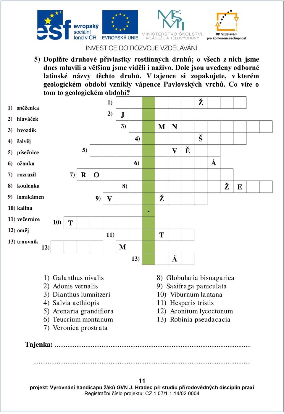 1) Ž 5) 2) J 3) 4) 6) M N V Ě Š Á 7) rozrazil 7) R O 8) koulenka 8) Ž E 9) lomikámen 9) V Ž 10) kalina - 11) večernice 12) oměj 13) trnovník 12) 10) T 11) M T 13) Á 1) Galanthus nivalis 8) Globularia