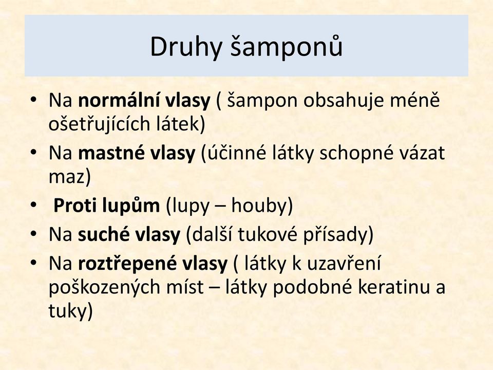 (lupy houby) Na suché vlasy (další tukové přísady) Na roztřepené