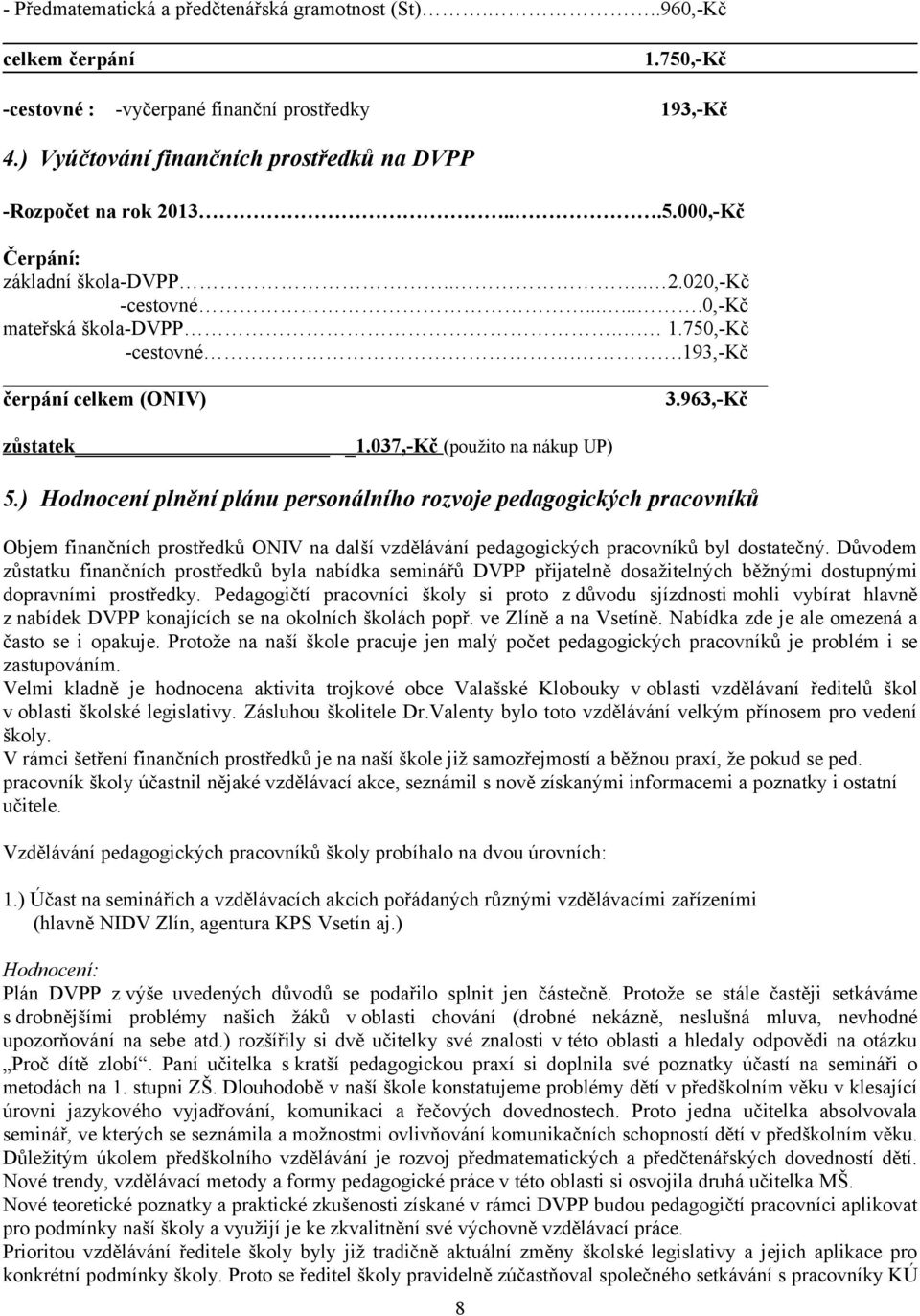 .193,-kč čerpání celkem (ONIV) 3.963,-Kč zůstatek 1.037,-Kč (použito na nákup UP) 5.