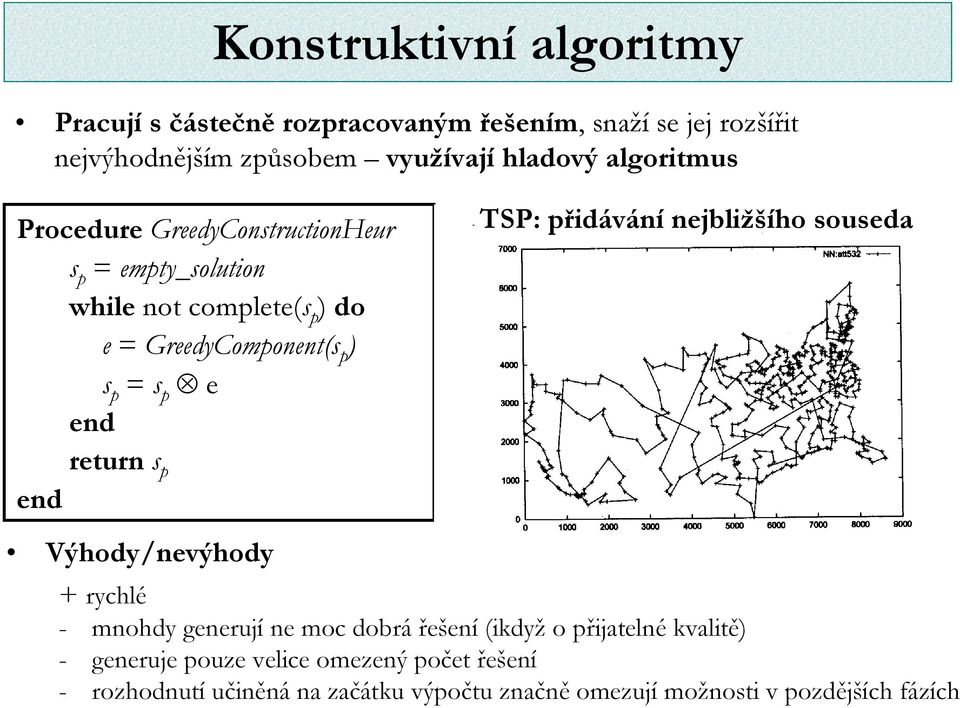 end return s p end TSP: přidávání nejbližšího souseda Výhody/nevýhody + rychlé - mnohdy generují ne moc dobrá řešení (ikdyž o