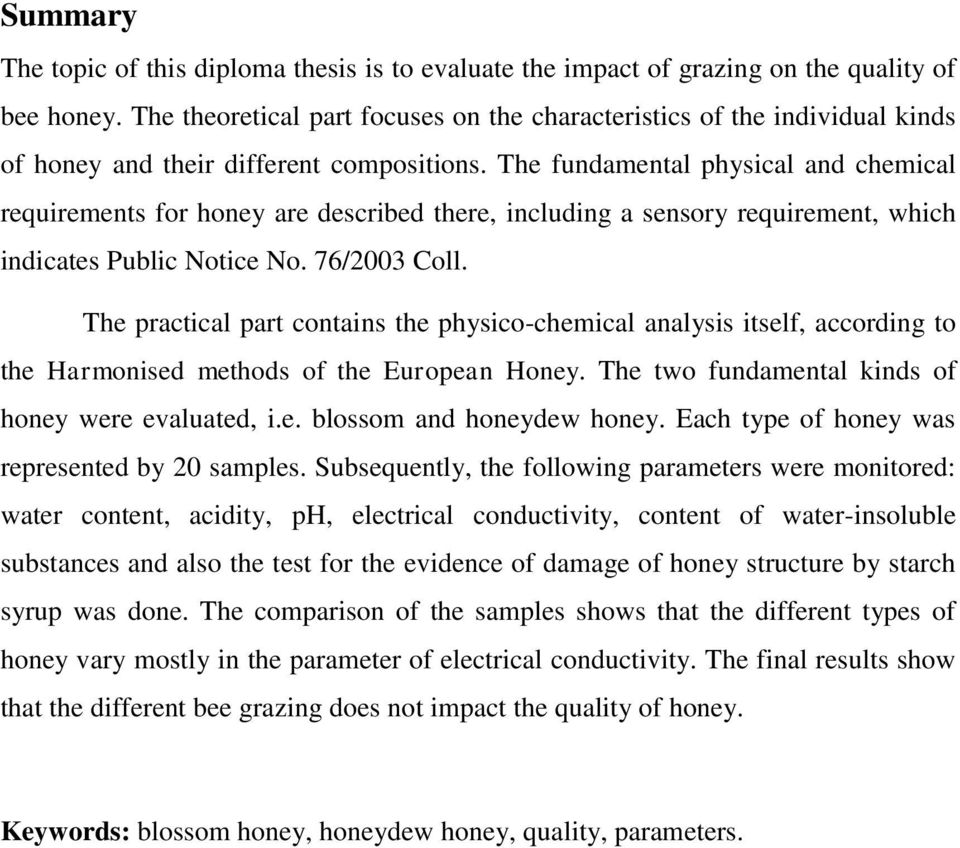 The fundamental physical and chemical requirements for honey are described there, including a sensory requirement, which indicates Public Notice No. 76/2003 Coll.