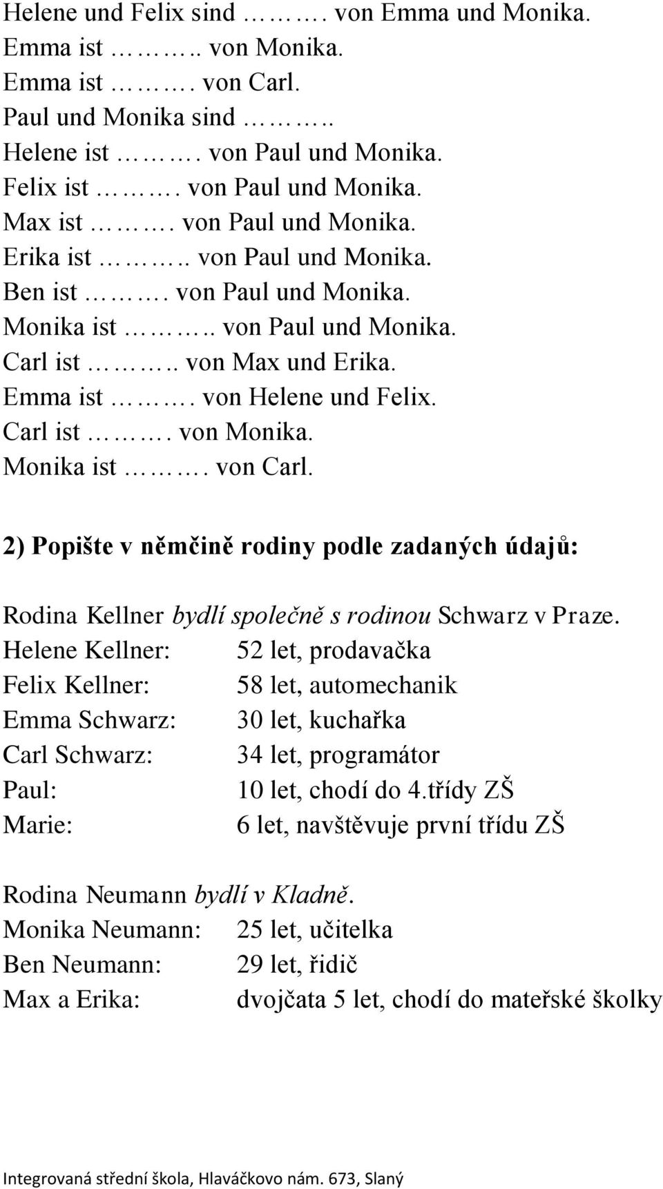 Monika ist. von Carl. 2) Popište v němčině rodiny podle zadaných údajů: Rodina Kellner bydlí společně s rodinou Schwarz v Praze.