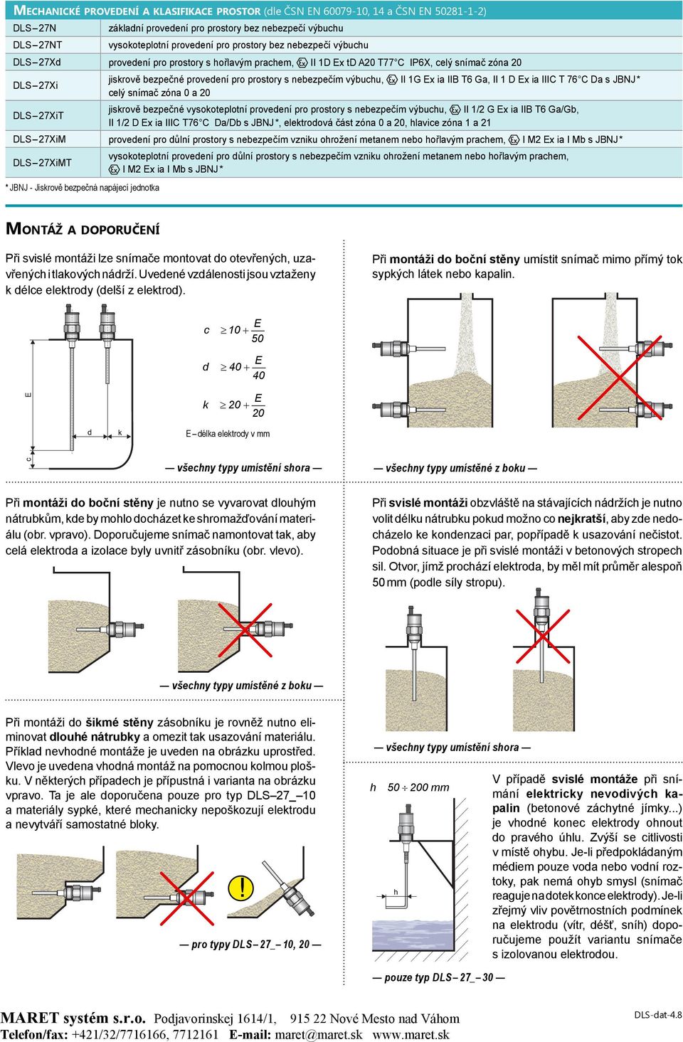 vysokoteplotní provedení pro prostory s nebezpečím výbuchu, II 1/2 G Ex ia IIB T6 Ga/Gb, II 1/2 D Ex ia IIIC T76 C Da/Db s JBNJ *, elektrodová část zóna 0 a 20, hlavice zóna 1 a 21 DLS 27XiM