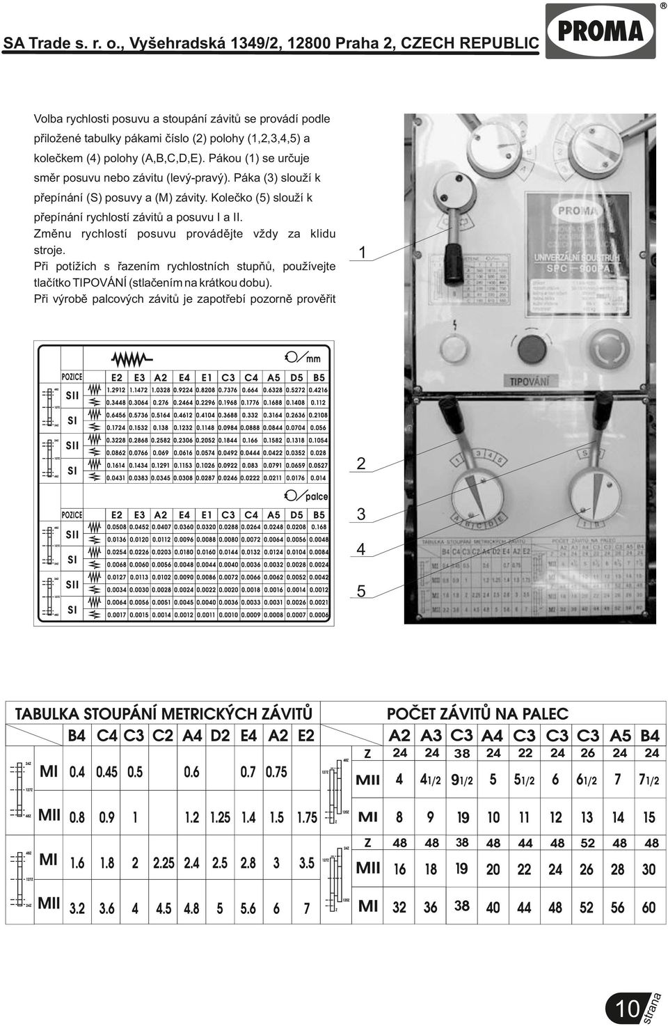 Kolečko (5) slouží k 1 2 3 4 5 38 9 9 3 9 10 3 přepínání rychlostí závitů a posuvu I a II.