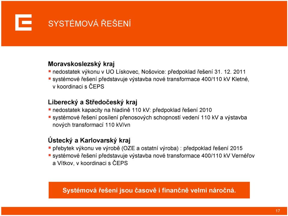 kv: předpoklad řešení 2010 systémové řešení posílení přenosových schopností vedení 110 kv a výstavba nových transformací 110 kv/vn Ústecký a Karlovarský kraj přebytek