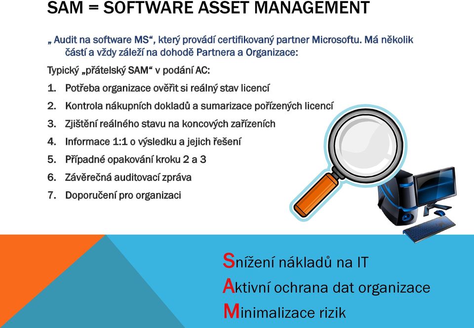 Potřeba organizace ověřit si reálný stav licencí 2. Kontrola nákupních dokladů a sumarizace pořízených licencí 3.