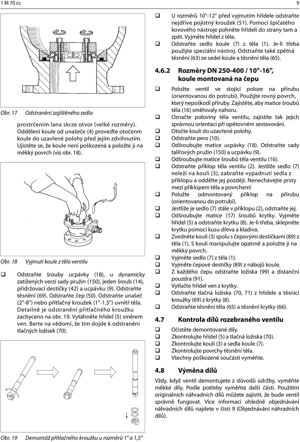 18 Odstranění zajištěného sedla prostrčením lana skrze otvor (velké rozměry). Oddělení koule od unašeče (4) proveďte otočenm koule do uzavřené polohy před jejím zdvihnutím.