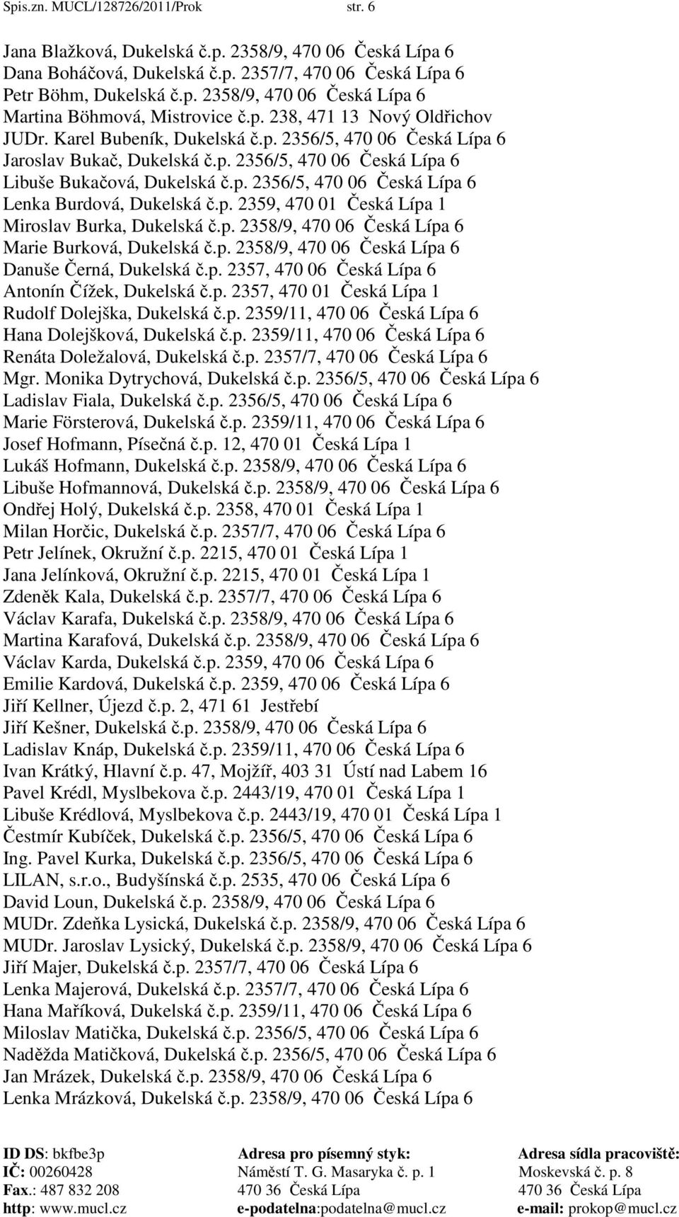 p. 2359, 470 01 Česká Lípa 1 Miroslav Burka, Dukelská č.p. 2358/9, 470 06 Česká Lípa 6 Marie Burková, Dukelská č.p. 2358/9, 470 06 Česká Lípa 6 Danuše Černá, Dukelská č.p. 2357, 470 06 Česká Lípa 6 Antonín Čížek, Dukelská č.