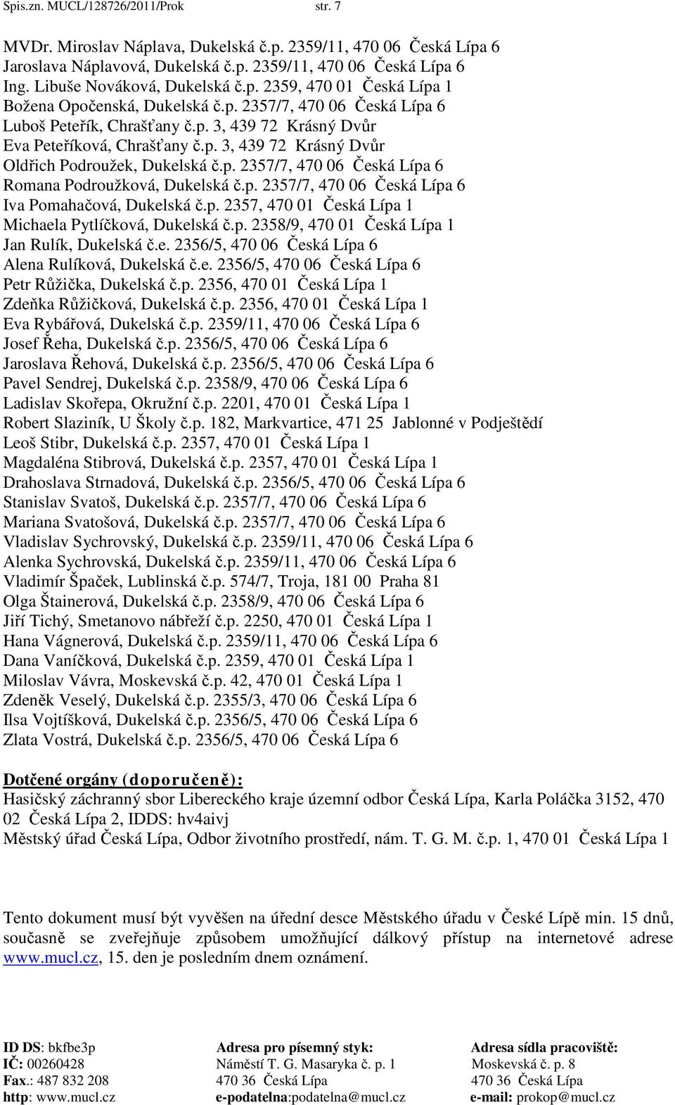 p. 2357/7, 470 06 Česká Lípa 6 Romana Podroužková, Dukelská č.p. 2357/7, 470 06 Česká Lípa 6 Iva Pomahačová, Dukelská č.p. 2357, 470 01 Česká Lípa 1 Michaela Pytlíčková, Dukelská č.p. 2358/9, 470 01 Česká Lípa 1 Jan Rulík, Dukelská č.