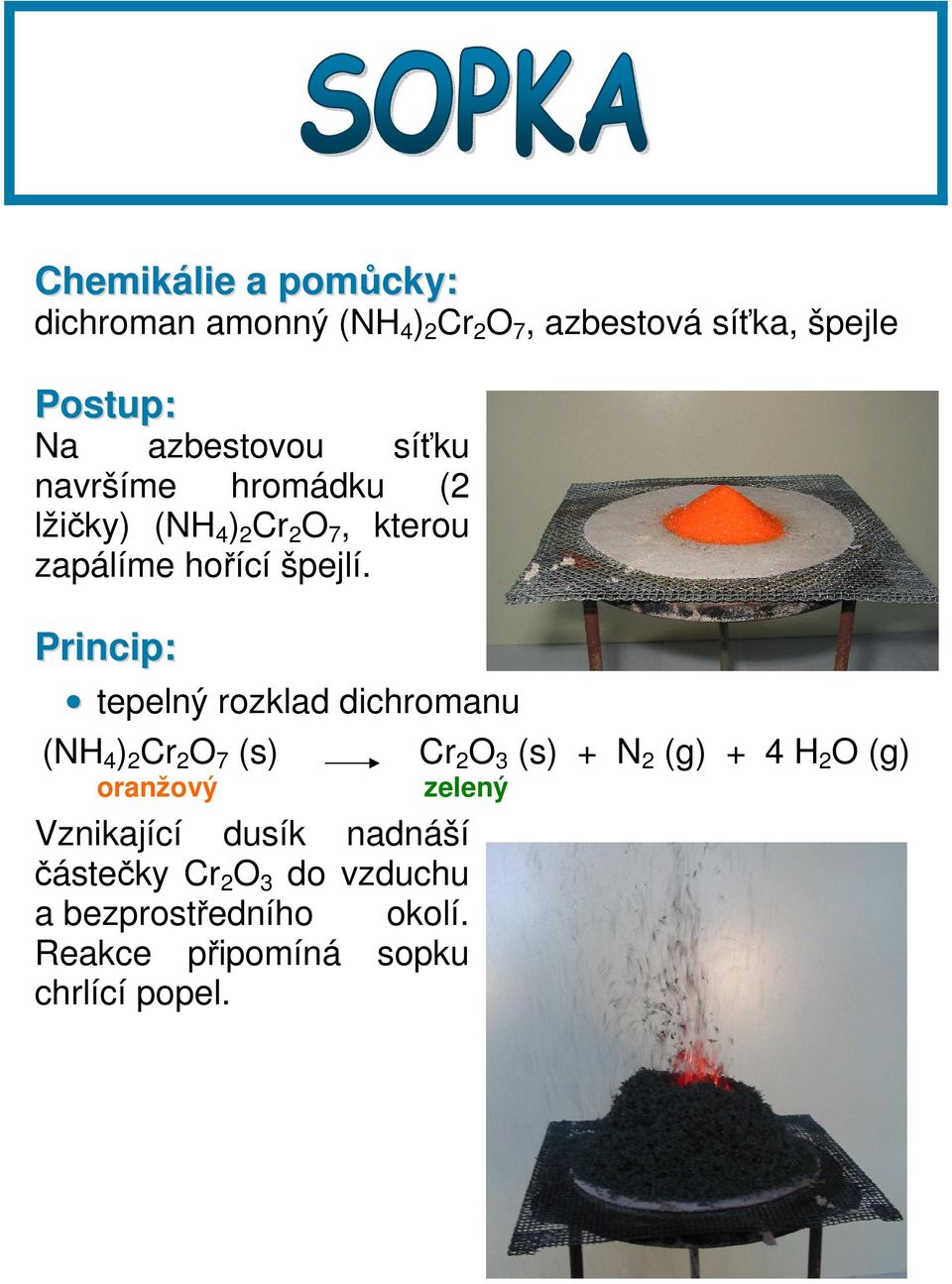 tepelný rozklad dichromanu (NH 4 ) 2 Cr 2 O 7 (s) oranžový Cr 2 O 3 (s) + N 2 (g) + 4 H 2 O