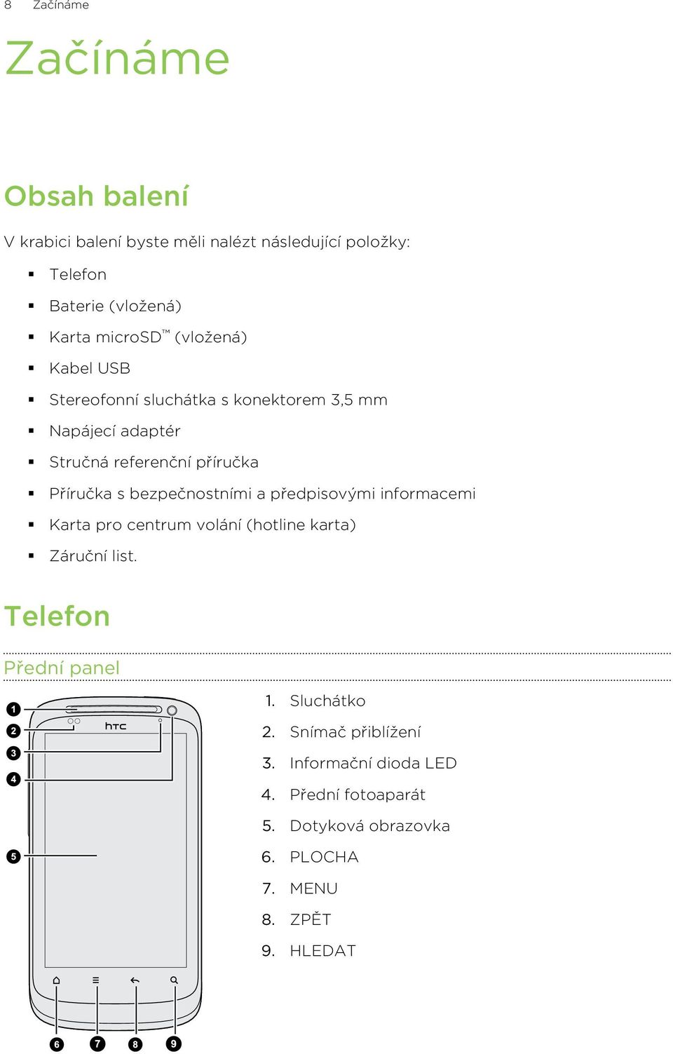 bezpečnostními a předpisovými informacemi Karta pro centrum volání (hotline karta) Záruční list. Telefon Přední panel 1.