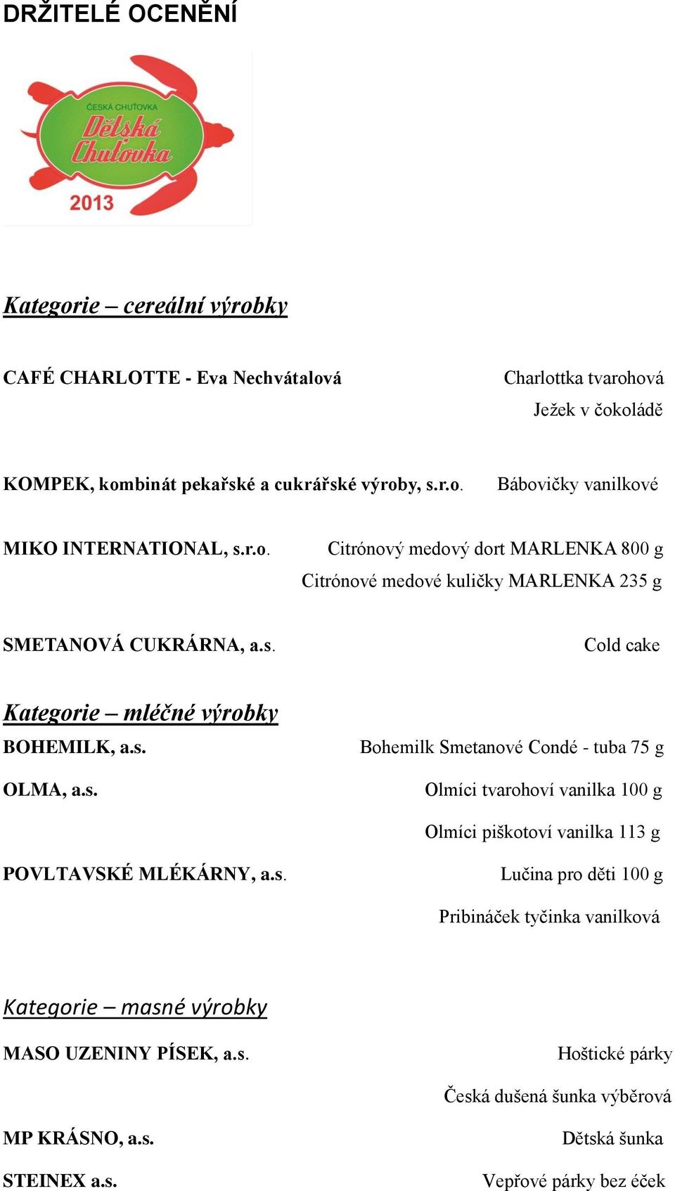 Cold cake Kategorie mléčné výrobky BOHEMILK, a.s. OLMA, a.s. Bohemilk Smetanové Condé - tuba 75 g Olmíci tvarohoví vanilka 100 g Olmíci piškotoví vanilka 113 g POVLTAVSKÉ MLÉKÁRNY, a.