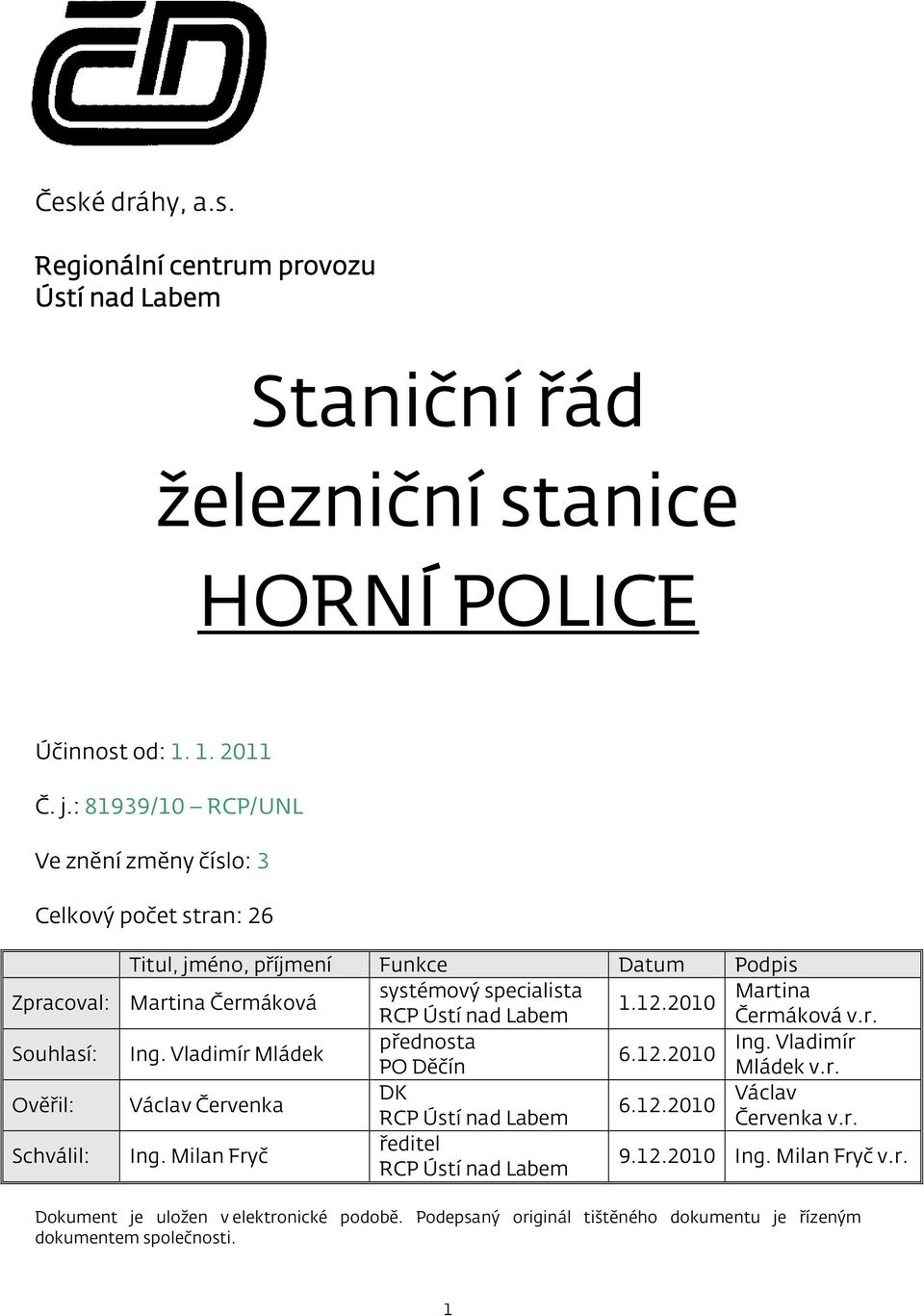 specialista 1.12.2010 Martina RCP Ústí nad Labem Čermáková v.r. Ing. Vladimír Mládek přednosta Ing. Vladimír 6.12.2010 PO Děčín Mládek v.r. Václav Červenka DK 6.12.2010 Václav RCP Ústí nad Labem Červenka v.