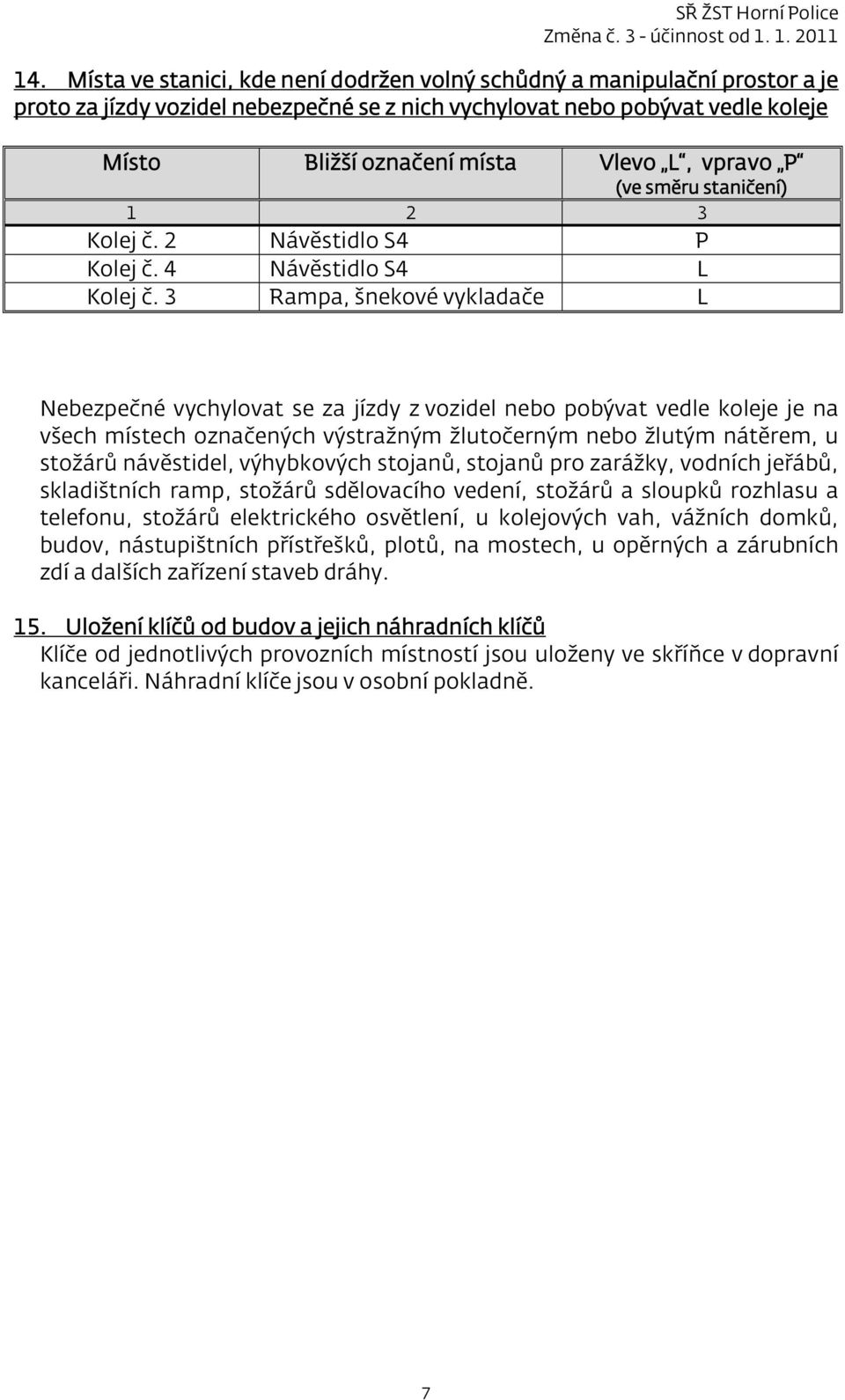 3 Rampa, šnekové vykladače L Nebezpečné vychylovat se za jízdy z vozidel nebo pobývat vedle koleje je na všech místech označených výstražným žlutočerným nebo žlutým nátěrem, u stožárů návěstidel,